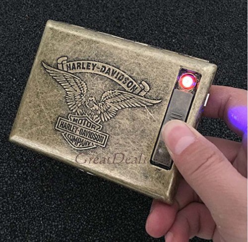 Antique Gold USB Rechargeable Windproof Metal Electric Built-in Flame Less Lighter Cigarette Cigar Storage Case (FREE CAR sticky pad for Phone PDA MP3 MP4) GD-1377