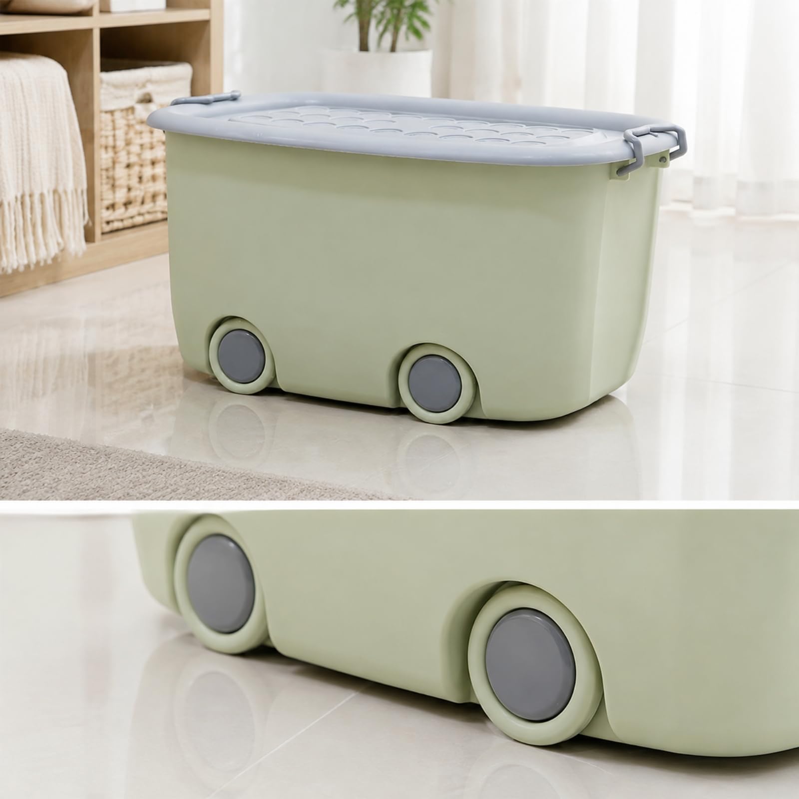 Caja Almacenamiento con Ruedas Multiusos Recipien Plástico con Larales Móvil Organizador Armario Apilable para Sala Estar, 58x39x31cm
