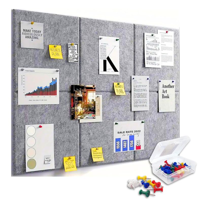Image of Royalkart 6Pcs Rectangle Felt Bulletin Board Tiles for Wall - Grey Self-Stick Notice Board with 30 Push Pins | Pin Board for Office, Study, Home Decor, Kids Room (30x21cm)