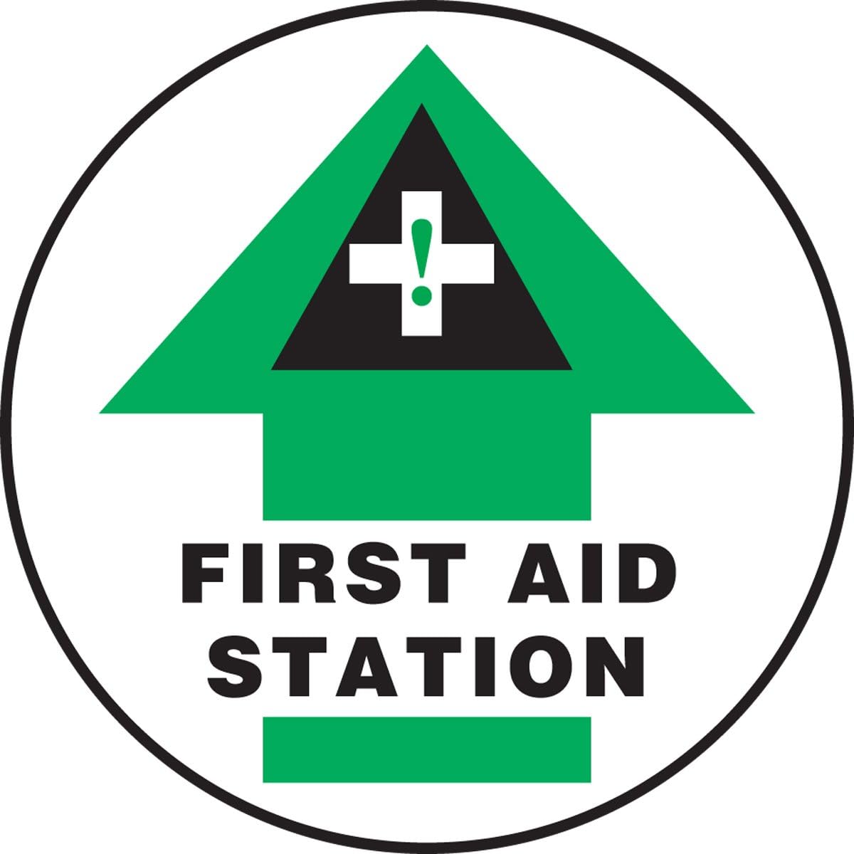 AccuformNMC Floor Sign "AED" with Arrow and Symbol, 17" Diameter Non-Slip Adhesive Vinyl AED Emergency Sign, Red/Black on White, Made in the USA, MFS713