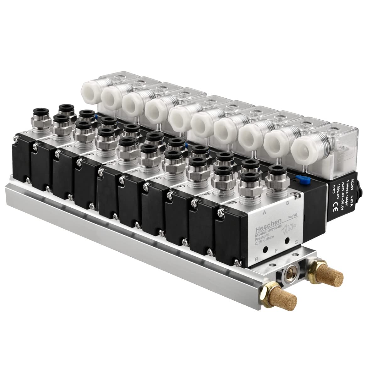 Heschen Válvula solenoide de colector de 10 espacios, 4V210-08, 24VAC, puerto PT1/4 pulgadas, 5 vías 2 posiciones, con silenciador base juego de accesorios rápidos