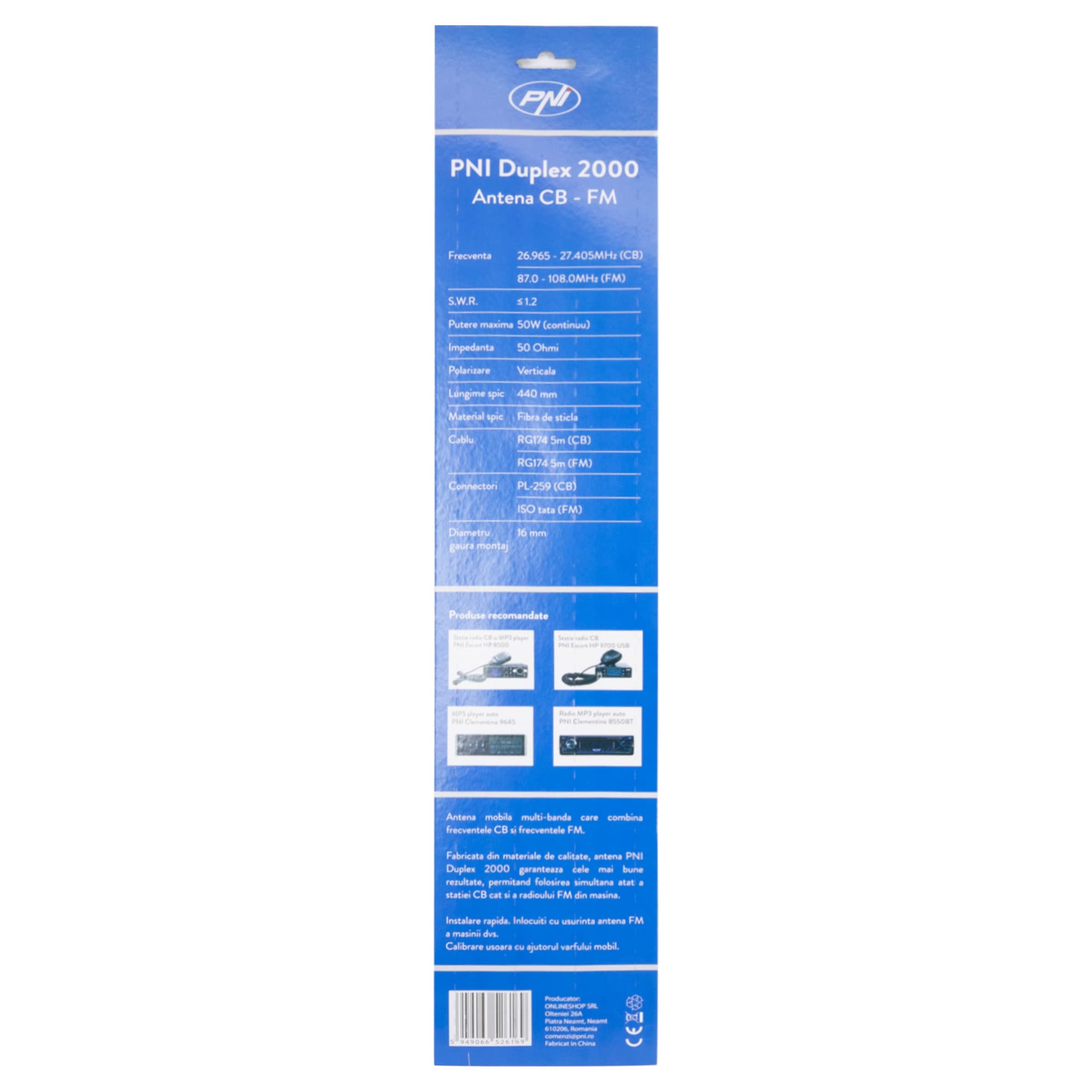 PNI Duplex 2000 Antenna CB-FM, 26-28 MHz (CB), 87-108 MHz (FM), 5-mtr Fiberglass Cables, 490 mm