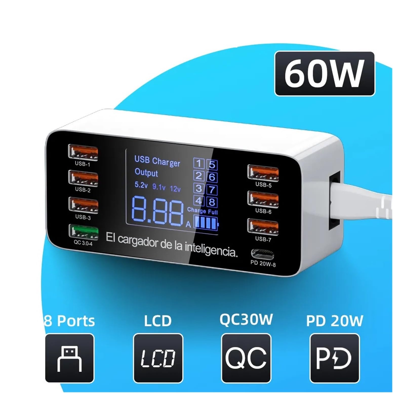 Caricatore USB, Adattatore for caricabatterie USB QC 3.0 4.0 a ricarica rapida da 60 W Caricatore rapido for tablet telefono USB C, supporta più ricariche rapide(40W QC3.0)
