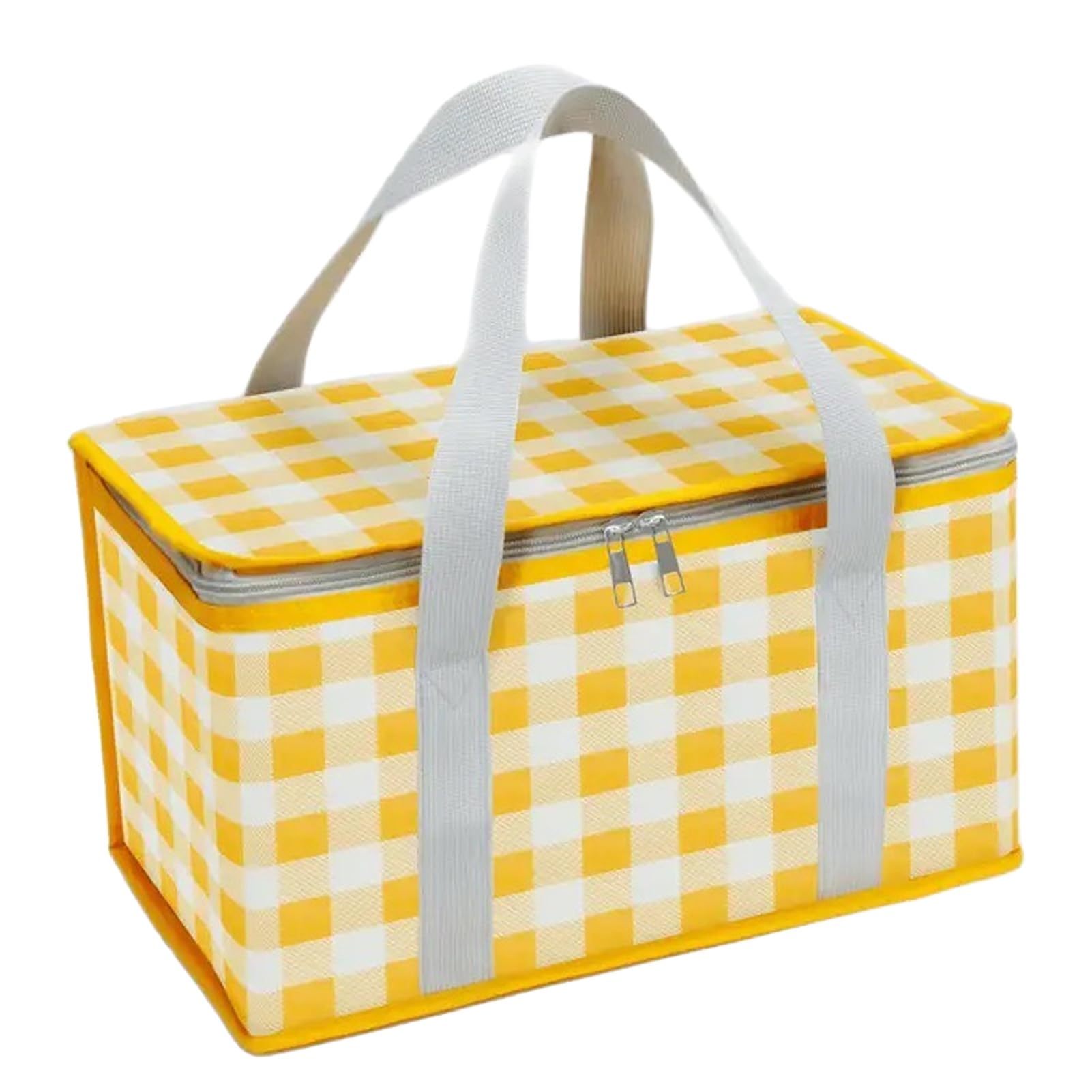 Rikuuui Insulated Picnic Bag Foldable Thermal Lunch Basket for Outdoor Camping Large Waterproof Cooler Carrier with Reinforced Aluminum Frame and Shoulder Strap 43x23x23.5cm PlaidYellow