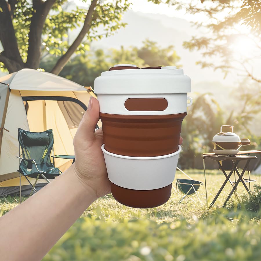 iEWENi 17oz Collapsible Travel Cup With Lid & Metal Hook Reusable Silicone Coffee Folding Mug for Hot/Cold Drink Portable Outdoor Camping Hiking Microwave & Dishwasher Safe (Coffee)