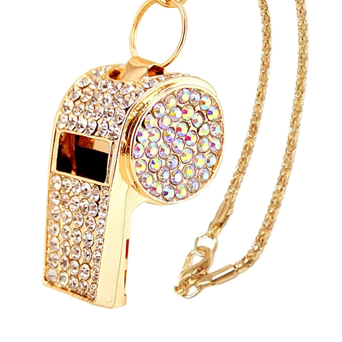 Whistle for Coaches, Rhinestone Double Layer Whistle with Chain, Gold Alloy Coach Whistle for Teachers, Sports, Outdoor Activities, Fashion Accessory, Emergency Signaling, Gift Giving (5 cm)