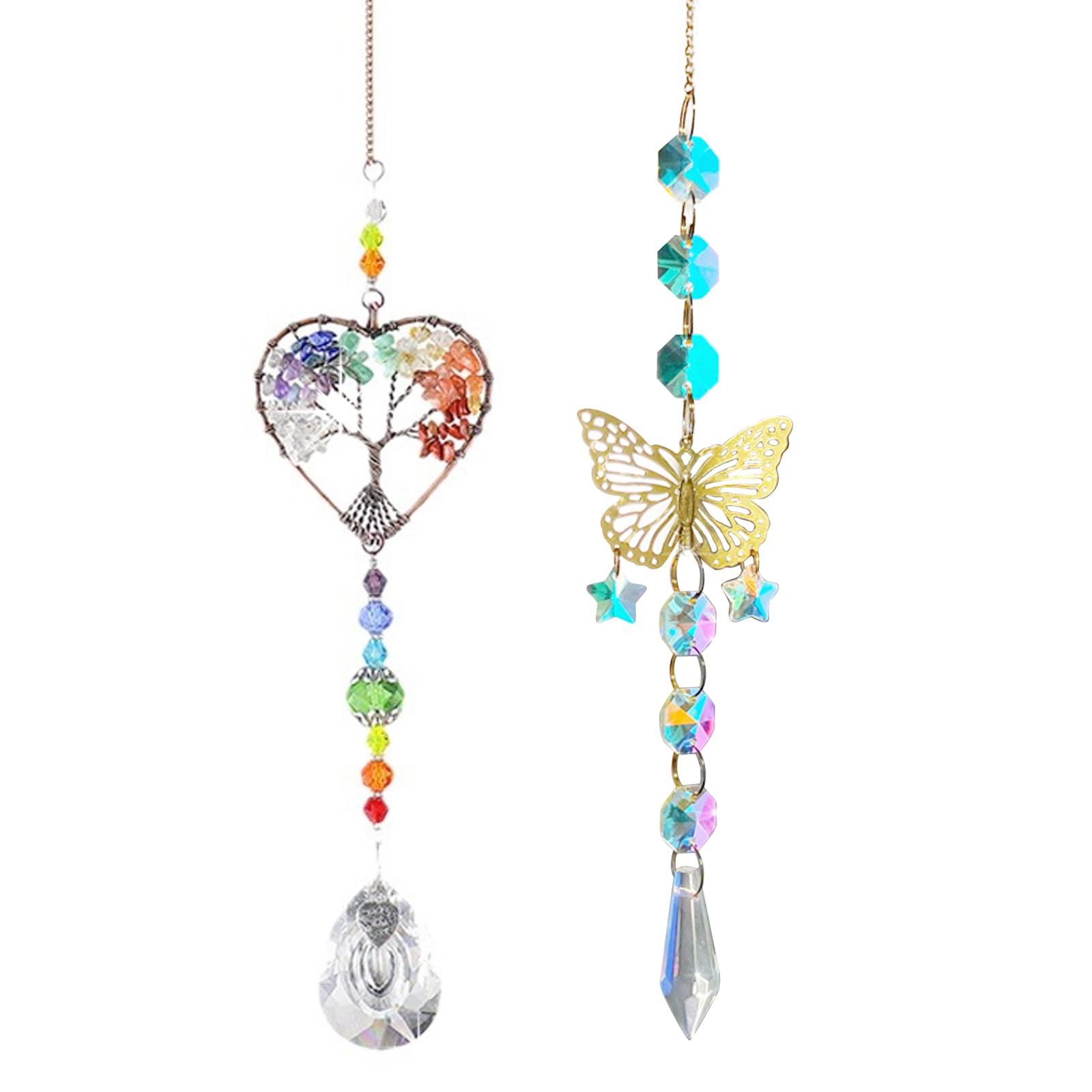 TYXHXTF 2 Piezas Atrapasoles de Cristal, Árbol de la Vida y Mariposa Campanas de Viento, Sun Catcher para Ventanas y Jardines, Prisma Colgante para Casa