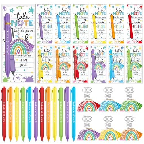 Chivertion 72 Pcs Teacher Appreciation Gifts Bulk End of the Year Teacher Gifts with Acrylic Rainbow Keychain Ballpoint Pen Thank You Cards for Teachers Office