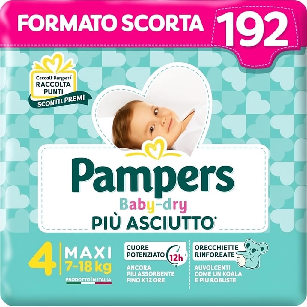 Pampers Baby Dry Maxi, 192 pannolini, taglia 4, Maxi (7-18 kg)