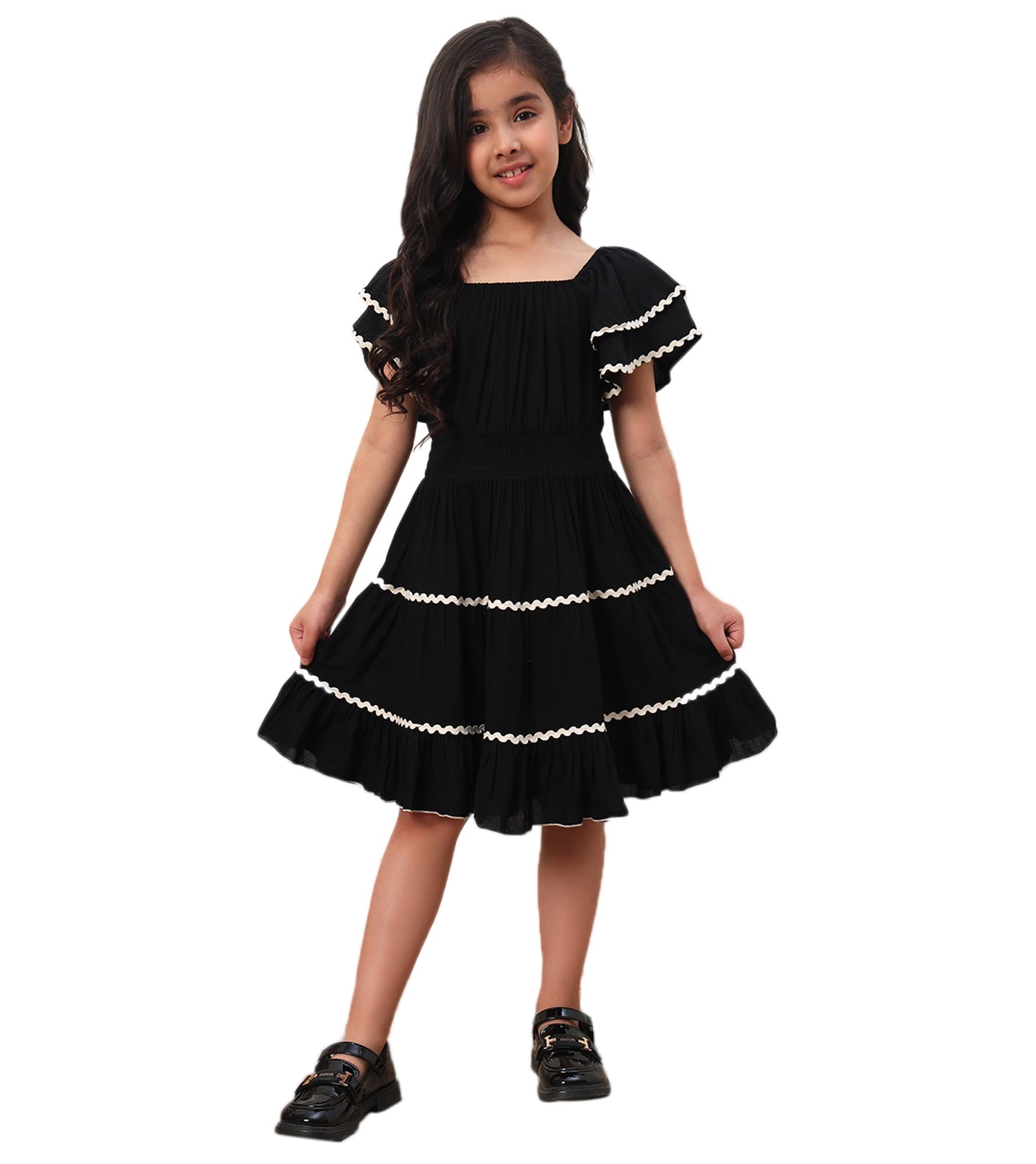 Bugandbees Solid Cotton Tiered Fit & Flare Dress for Girls|Square Neck Cap Sleeves Midi Length Dress for 3 Years to 13 Years Kids|Party Casual Wear Western Collection (BBDR00000124_12-13Y_Black)