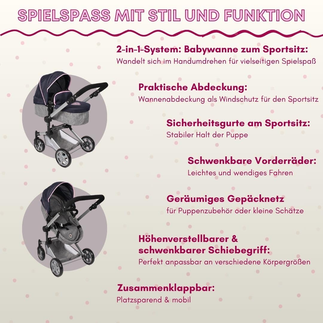 Bayer Chic 2000 Puppenwagen Linus | 2in1 Kombi-Buggy Melange Grau-Navy | Großer 2in1 Kombi-Puppenwagen mit umwandelbarer Wanne für Puppen bis 52 cm. Melange Grau-Navy, hoher Griff 47-78 cm.