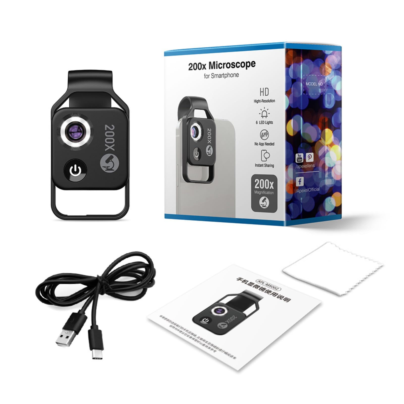Diyeeni Microscopio per Telefono da Tasca, Zoom Clip 200X Lente di Lente di Lente Microscopio CPL con Luce LED, Lente Microscopica Portatile per iPhone per Samsung per Huawei per Google(nero)