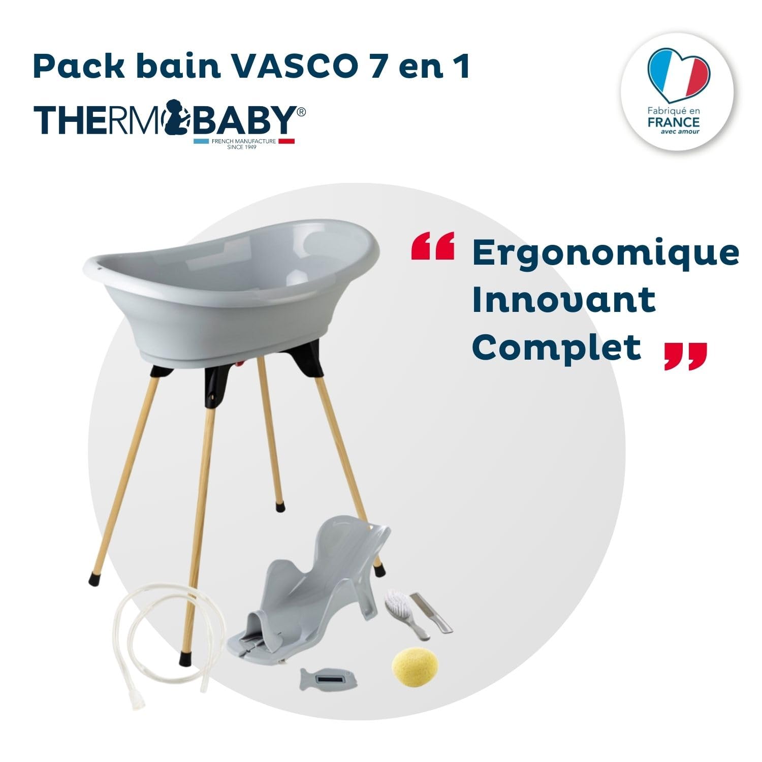 THERMOBABY - Pack Bain Bébé Vasco 7 en 1 Gris - Baignoire + Pied + Vidange + Transat de bain réglable + Thermomètre + Eponge + Brosse et peigne - Fabriqué en France