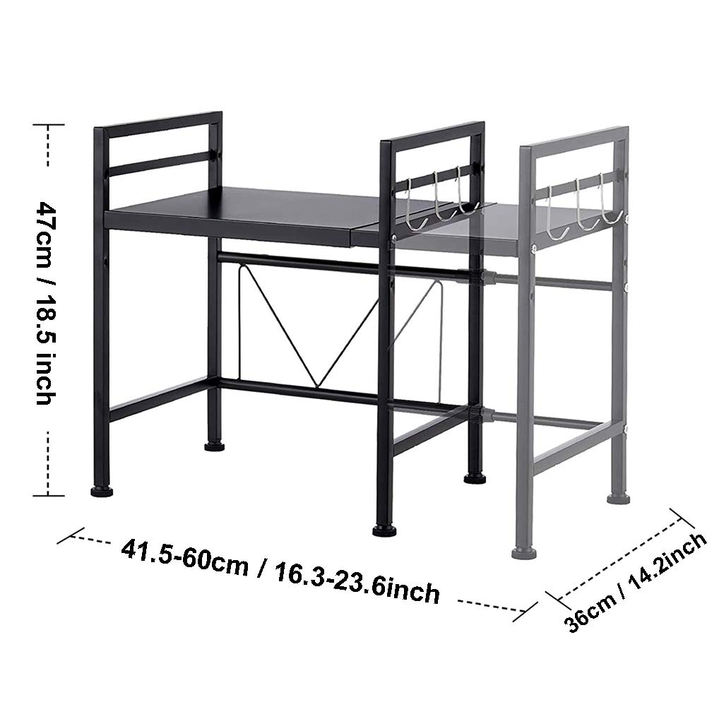 Soporte ajustable de 2 niveles para microondas con estante expandible, 3 ganchos y encimera de cocina negra para espacios pequeños (41,5 60 cm)