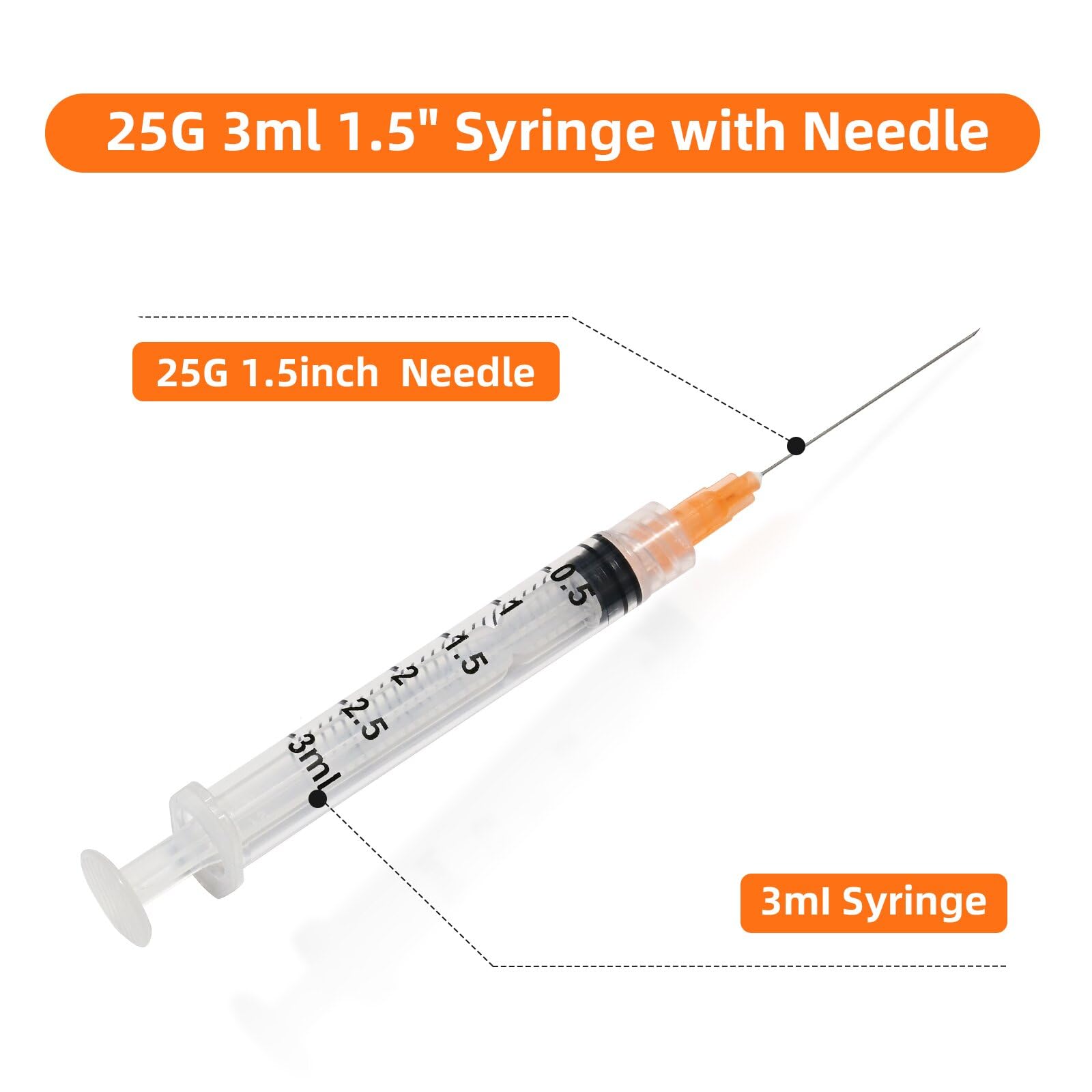100 Pack 3ml with 25Ga 1.5inch Lab Supplies, Disposable Syringe with needle, Individually Packaged — Amazon image 2