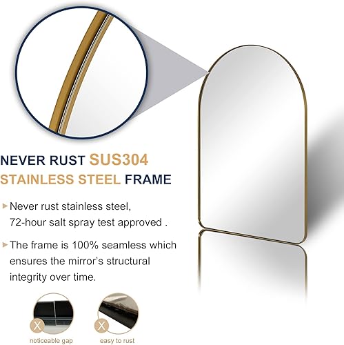 Miniatura 5 de ANDY STAR Espejo arqueado, espejo de baño dorado de 20 x 30 pulgadas con marco de metal de acero inoxidable, esquina redondeada superior de arco de