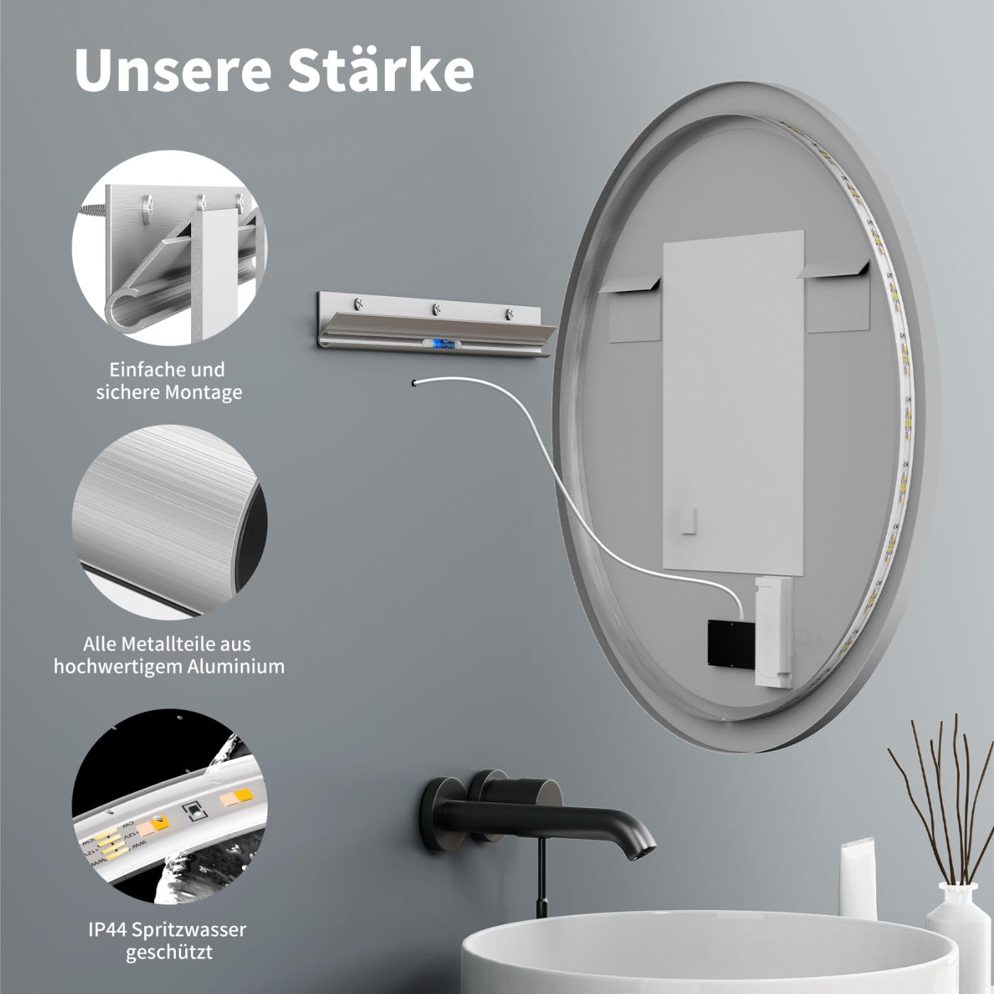 HOKO Wandspiegel Rund 80cm Badspiegel Beleuchtung mit Anti-Fog+Rahmen+Touch Schalter Memory+Licht Wechsel 2700-6500K Warmweiß-Kaltweiß-Neutral