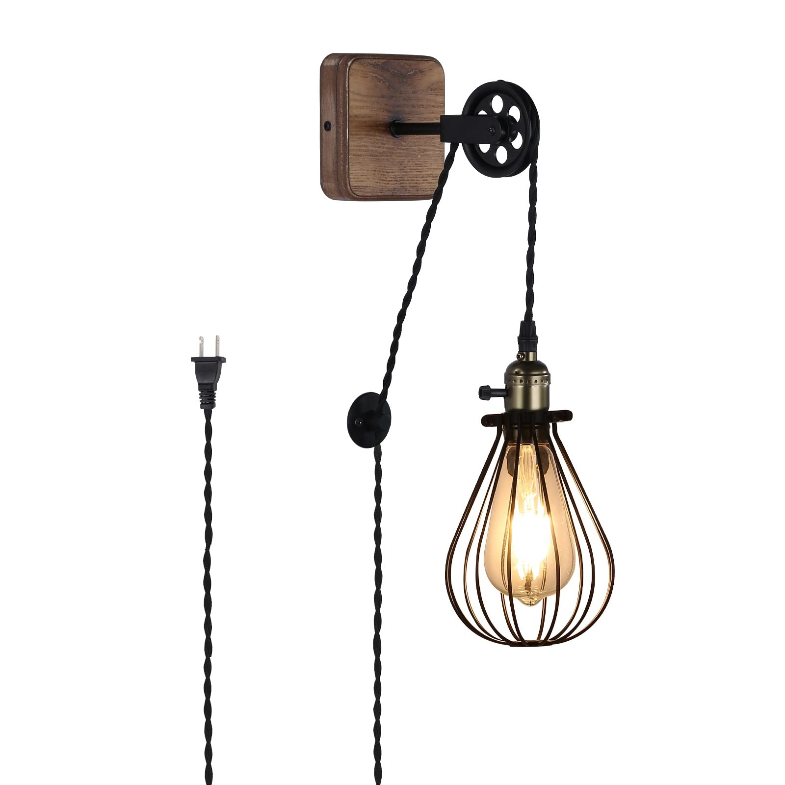 Industrial Wire Cage Plug in Wall Sconces, Black Rustic Hanging Wall Light Fixture Lift Pipe Pulley with Wood Base, On Off Toggle Switch Pendant Lamp Decoration for Reading Living Room Bedroom