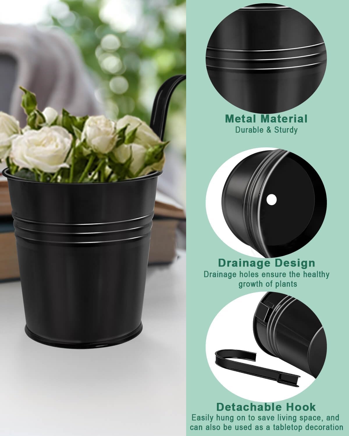 12 Pack Railing Planter for Outdoor Plants - 4 Inch Small Balcony Hanging Flower Pots with Detachable Hooks and Drain Holes Metal Oval Bucket Rail Box Fence Planters for Home Garden Decor, Black