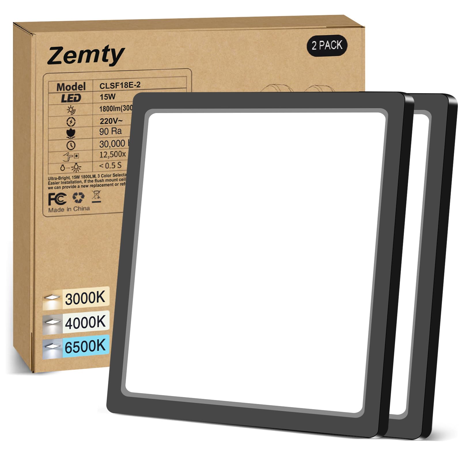 zemty 2Pack Deckenlampe LED Deckenleuchte Flach, 3Farben - 3000K/4000K/6500K, IP44 Wasserfest Quadrat Badlampe Decke, 2100LM Modern LED Decklit für Flur küche Badezimmer Schlafzimmer Büro, Ø22CM