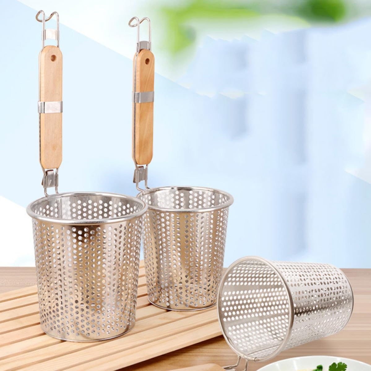 Stainless Steel Spider Food Skimmer Basket with Wooden Handle