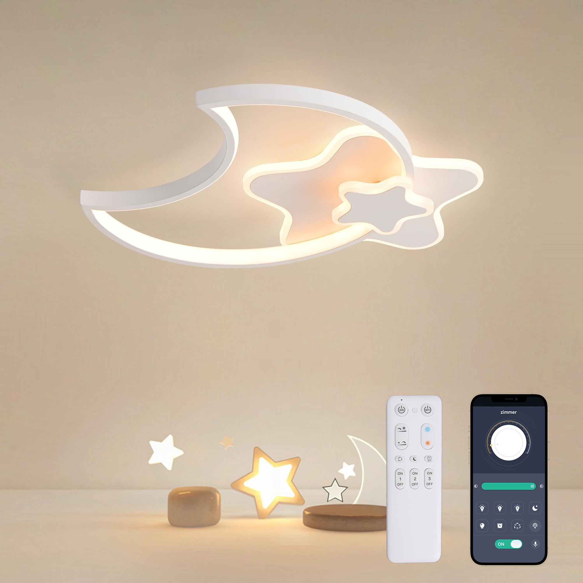 KAUCQI Lampadario Cameretta Bambini Plafoniera Led Soffitto 55CM Stella Lampade a Soffitto Bambino Lampadario Bambini Dimmerabile con Telecomando 3000-6000K Luna Lampada da soffitto