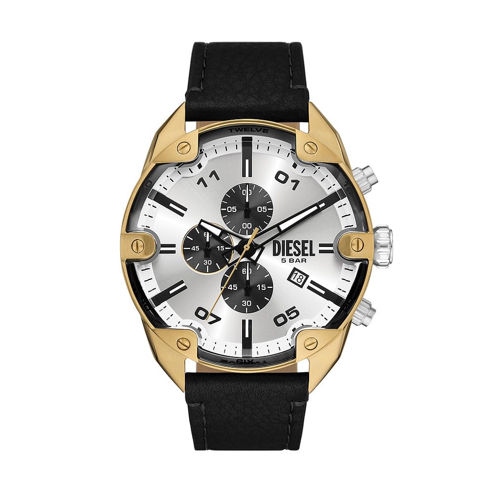 Diesel Spiked Watch for Men, Quartz Chronograph Movement with Leather Strap