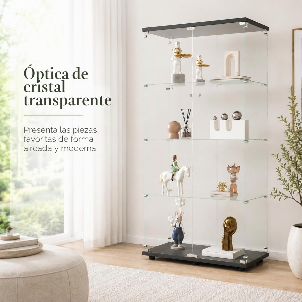 Vitrina de cristal con 4 estantes con puertas dobles, vidrio templado, armario Curio con cerradura, vitrina de colección, estantería de pie para sala de estar o dormitorio (negro sin luz)