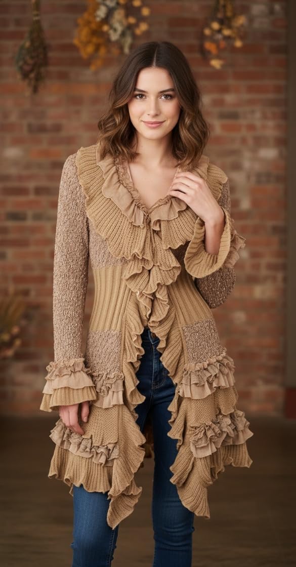 Women Victorian Boho Crochet Cardigan Gothic Steampunk Open Front Knit Sweater