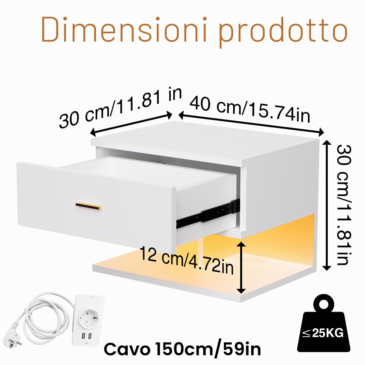 Comodino Sospeso con Illuminazione LED RGB E 1 Presa AC/2 Porte USB,Comodini Sospesi Camera da Letto con 1 Cassetto E 2 Ripiani Aperti, 40 X 30 X 30 cm,Adatto Per Camera Da Letto E Soggiorno(Bianco)