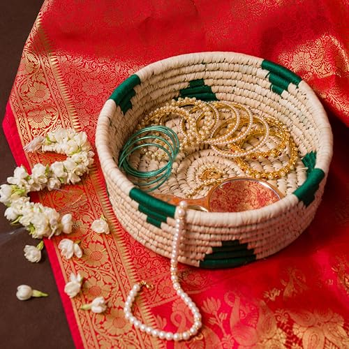 Image of Handmade Sabai Grass Box for Roti /Chapati /Paratha /Dry Fruits | Kitchen Decor Cum Utility (Green Triangle) | 23 * 23 * 8 cm