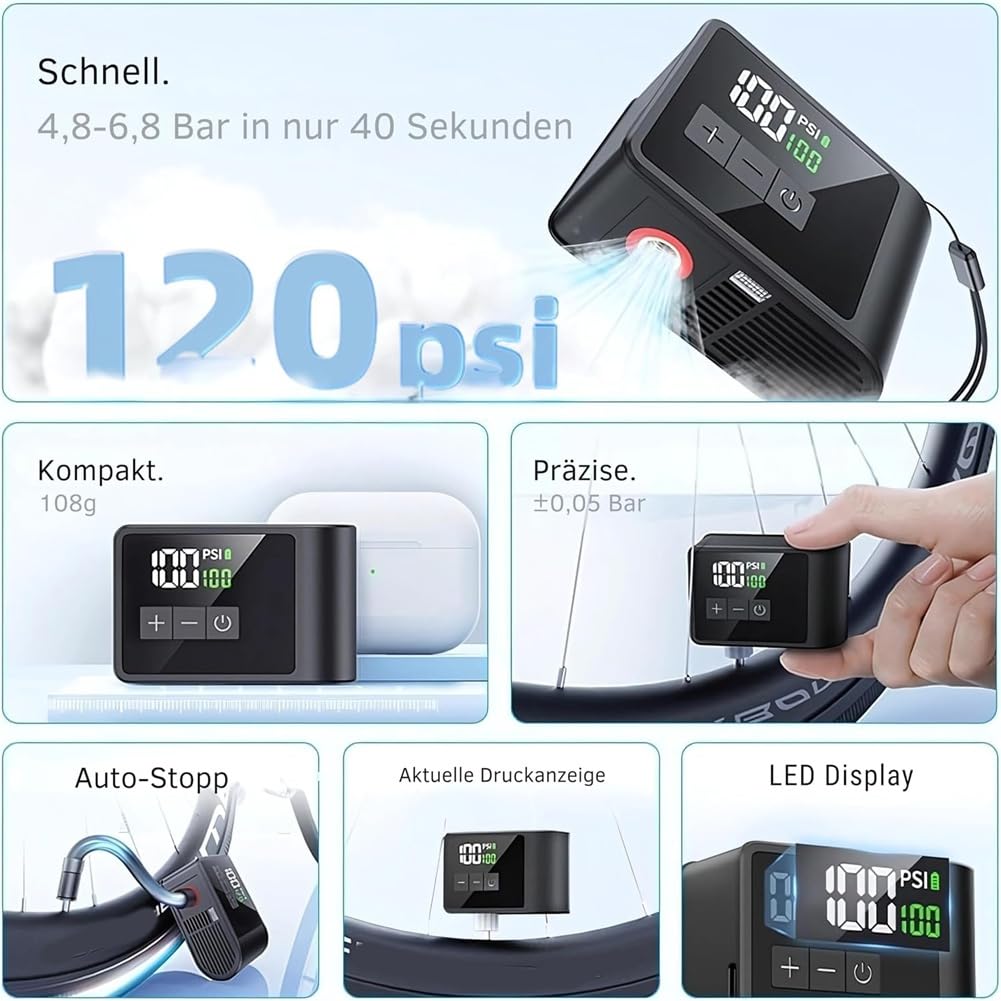 Mini Pompe à Vélo Électrique, Arrêt Automatique de 120 Psi, Charge D'Éclairage LED de Manomètre Intégré pour les Vélos de Route