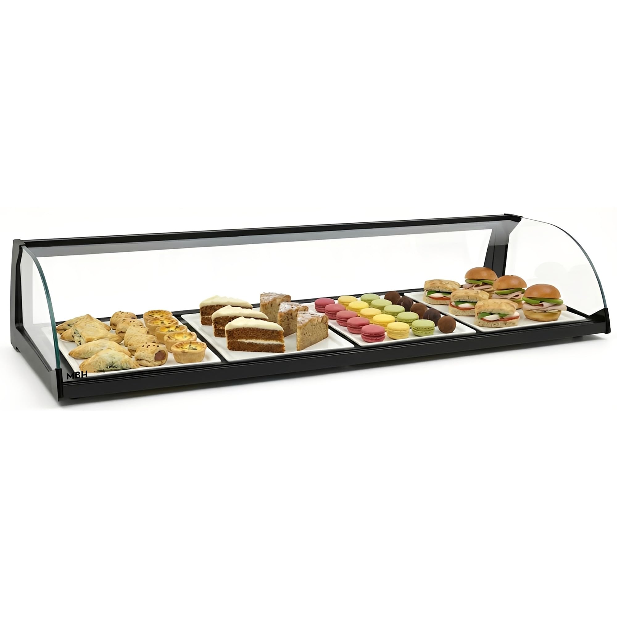MBH - Vitrina Expositora Neutra de Sobremostrador 84 cm, Cristal Curvo Templado, 1 Piso, sin Iluminación LED, con Puertas Traseras Correderas, para Bar, Cafetería, Restaurante, Bollería y Repostería.