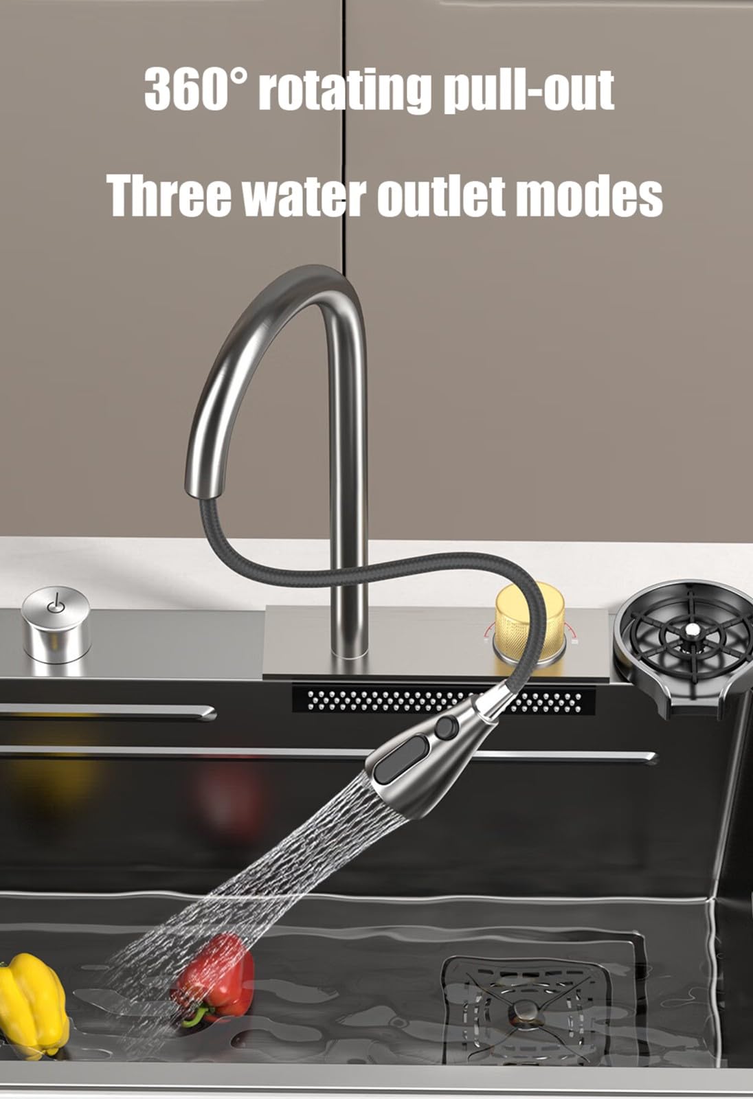 Set lavello da cucina in acciaio inox con cascata integrata e rubinetto estraibile, grande vasca doppia vasca 68 x 45 x 21 cm, qualità professionale, facile da pulire