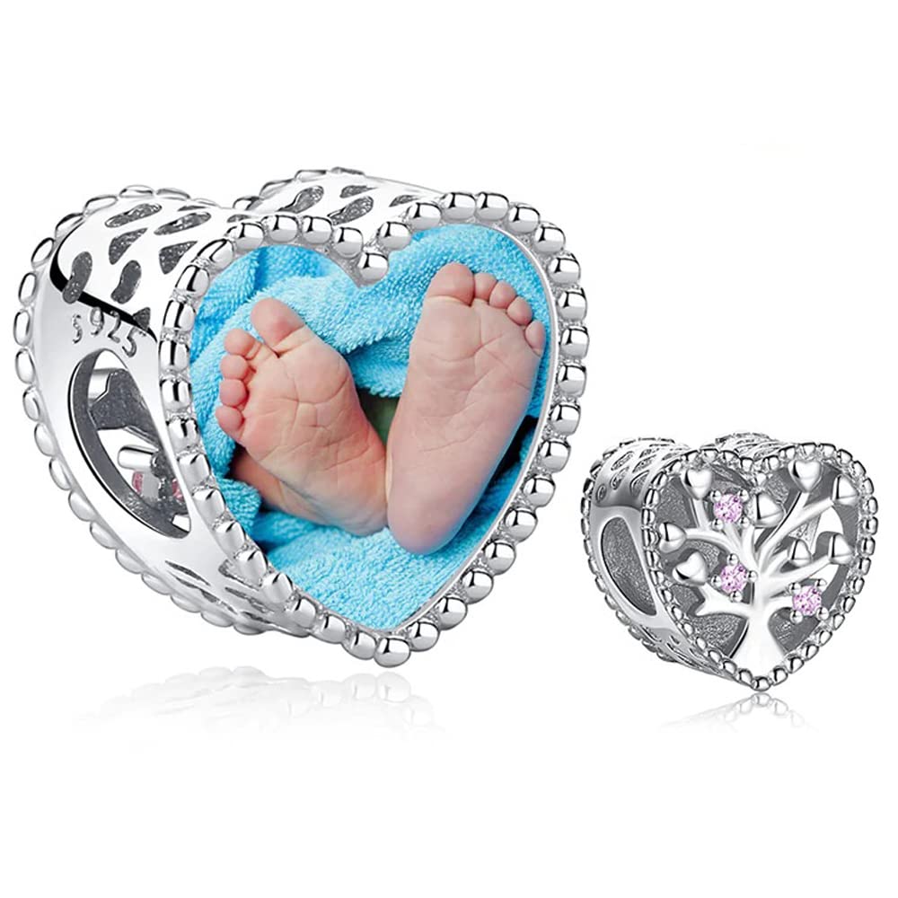 2Burned Personalised 925 Sterling Silver Photo Charm Fit Pandora Bracelet Necklace Customized Heart Round Shape Picture Bead (Heart Tree)