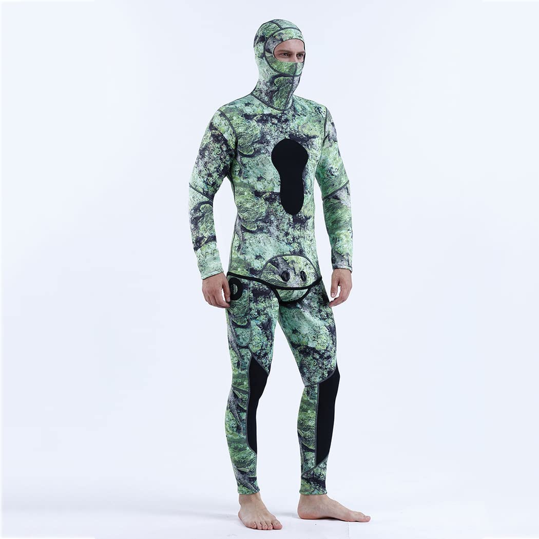 LANGWEI Mute Mens 3Mm 2 Pezzi Camo Neoprene Corpo Pieno Tenere in Caldo con Cappuccio Immersioni Libere Sport Tuta di Pelle Pesca Subacquea Tuta Intera Muta
