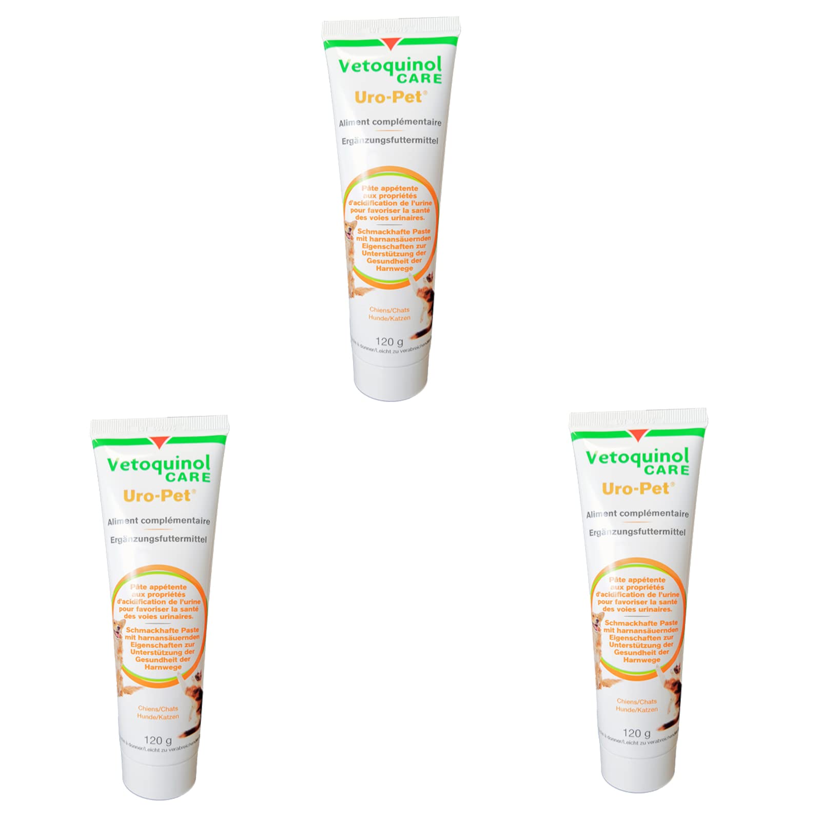 Vetoquinol URO-Pet Pasta | Paquete Triple | 3 x 120 g | Suplemento alimenticio para Perros y Gatos | para apoyar la Salud del tracto urinario | con el aminoácido DL-metionina