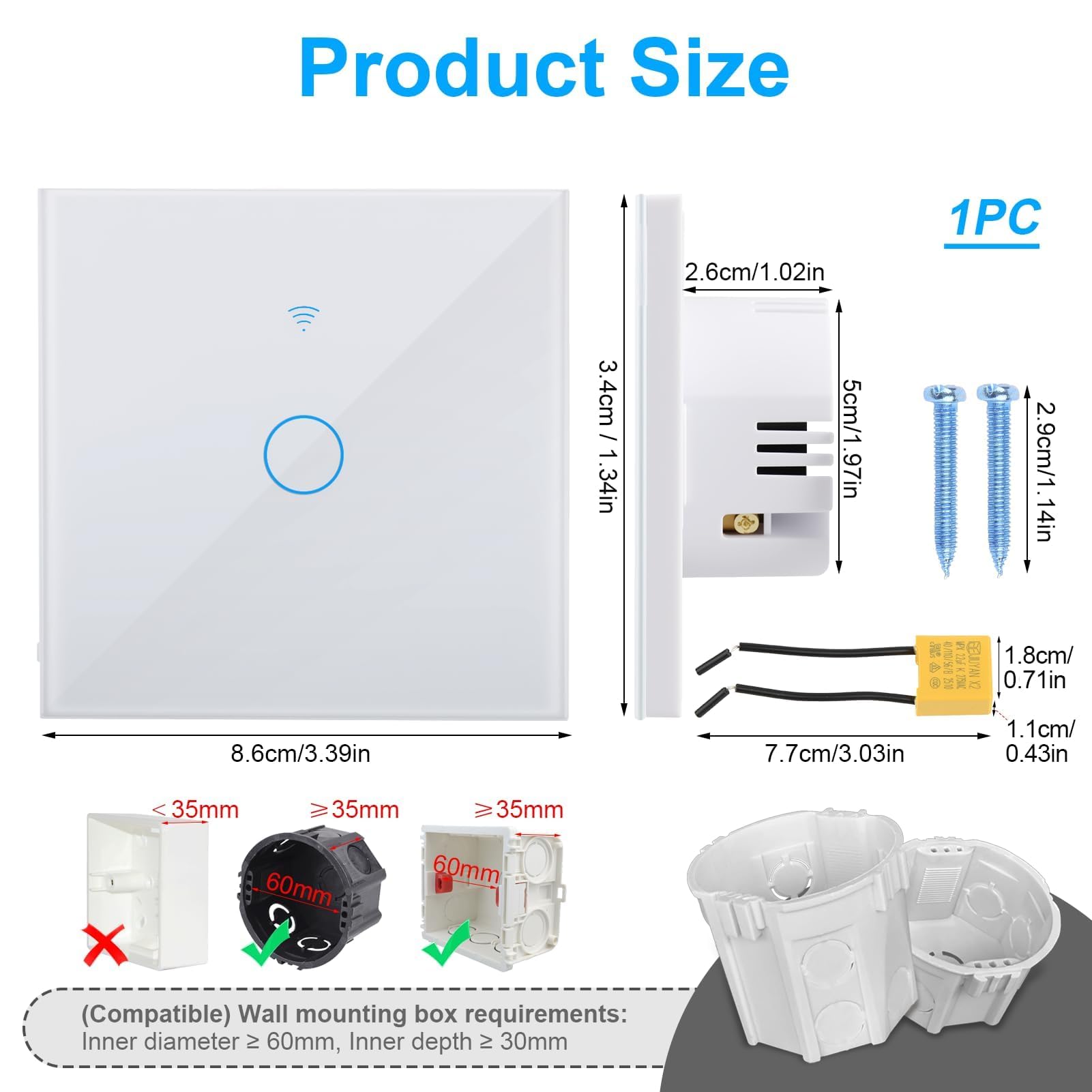 Interruptor WiFi Inteligente Táctil de Pared, 1 Vía 1 Gang, Compatible con Alexa, Google Home y Tuya Smart Life, Requiere Neutro, Panel de Cristal, 86 x 86 mm, Blanco