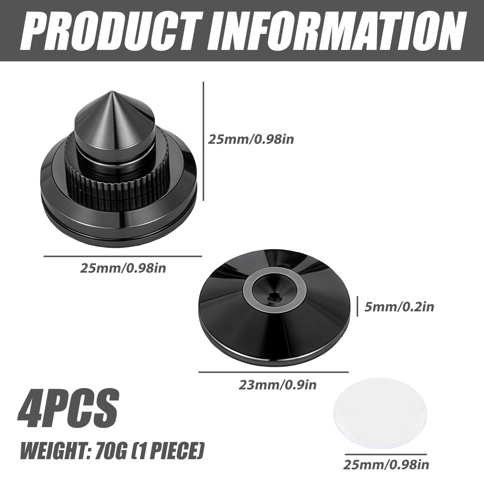 4 pièces pointes pour caisson de basses : pointes de haut-parleur avec 8 tapis antidérapants et 4 coussinets de base, support de haut-parleur anti-vibrations, hauteur non réglable, pics d'enceinte