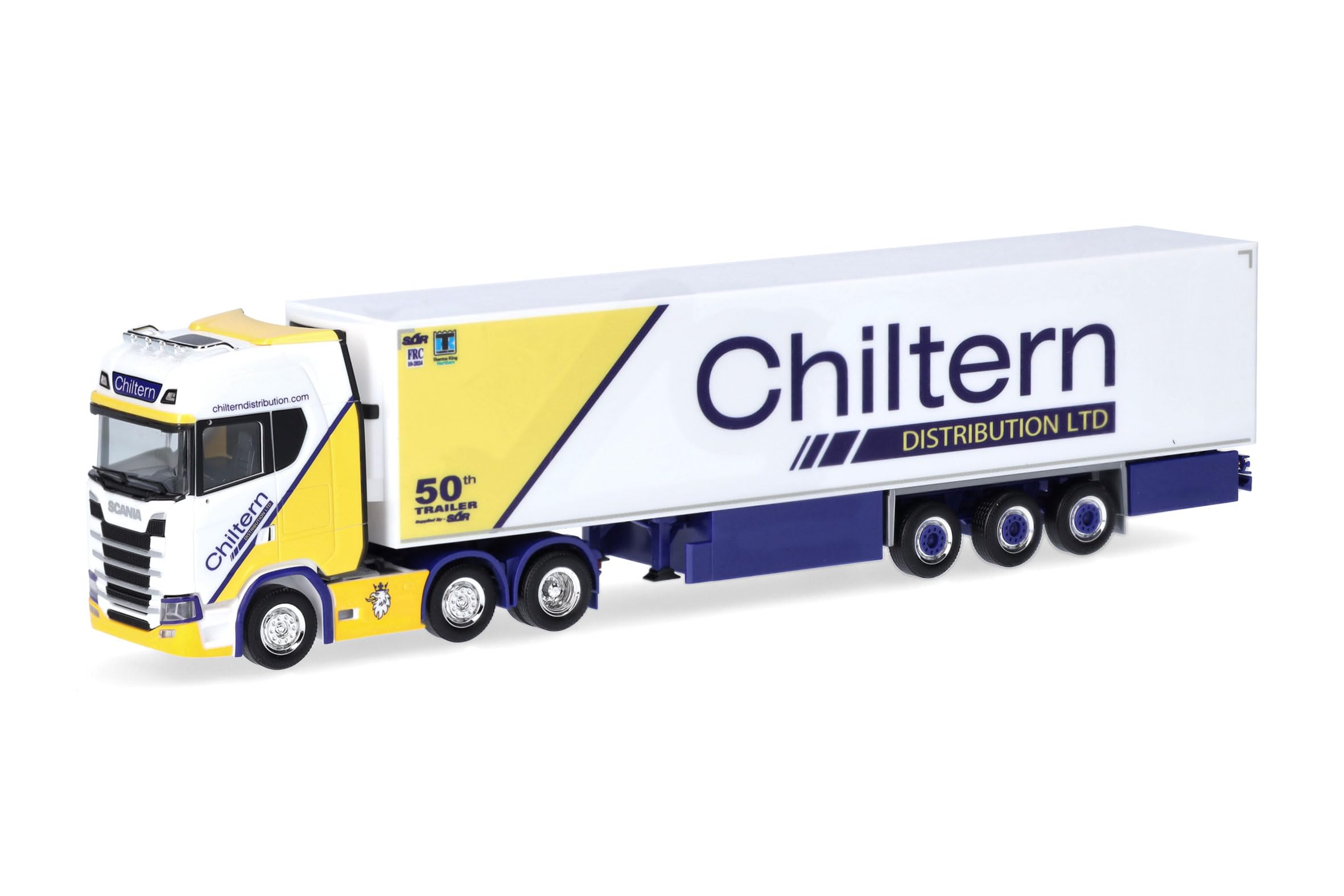 Herpa truck model Scania CS 20 HD 6x2 KΓΌhlkoffer-Sattelzug "Chiltern" (England/Peterborough), on a scale of 1:87, plastic miniature, made in Germany, model building, collectors edition