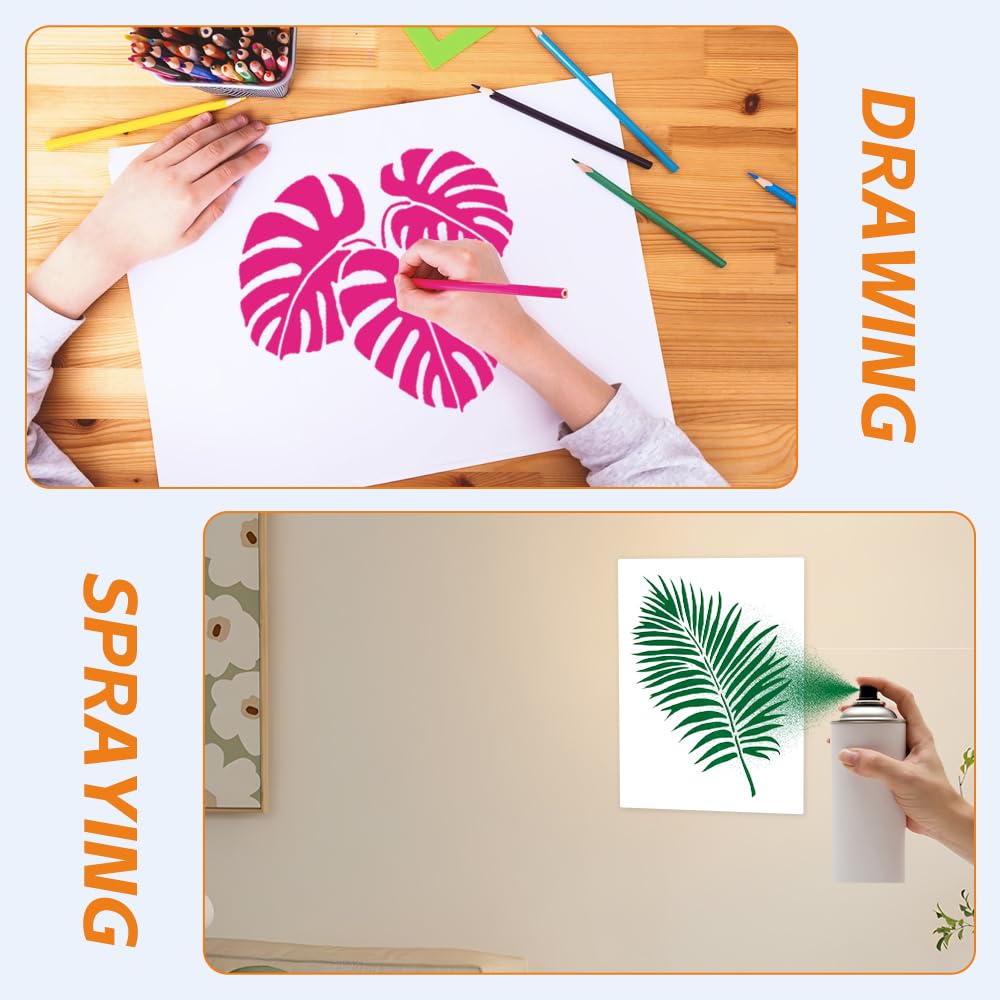 Set di 9 Grandi Stencil piante, Stencil per Disegno Botanico, 40x30 cm, Stencils Foglie Tropicali in Plastica per Fai Da Te, Legno, Mobili, Scrapbooking, Decorazione Parete, Tessuto, Riutilizz