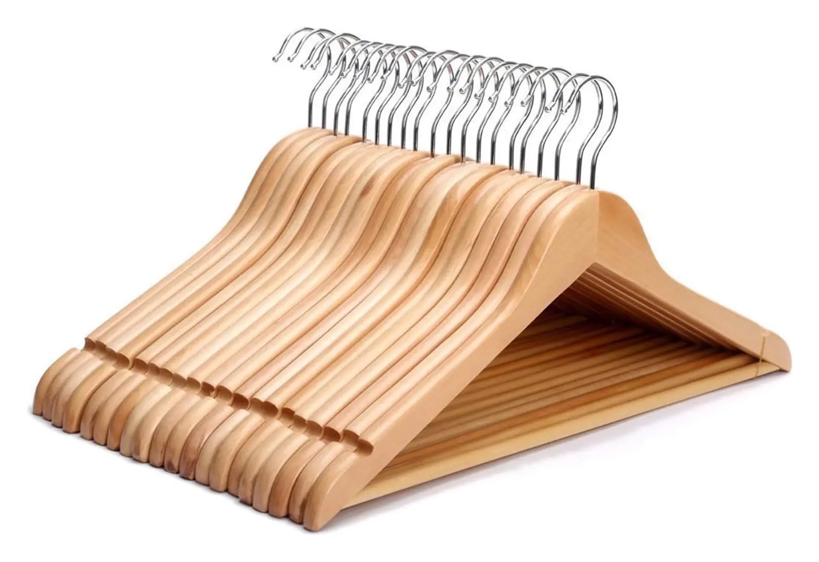 Paquete de 20 perchas de madera para trajes con barra antideslizante para pantalones, extra suaves, sin astillas, retro, perchas de madera natural para decoración de armario