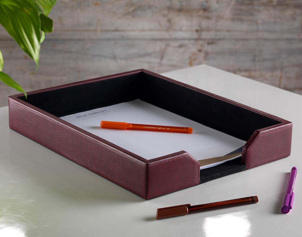 Zale Yardley Burgundy Letter Tray, Genuine Cow Leather A4 Paper Tray, Document, Magazine, Office File, Organizer, Desk Tidy (Burgundy)