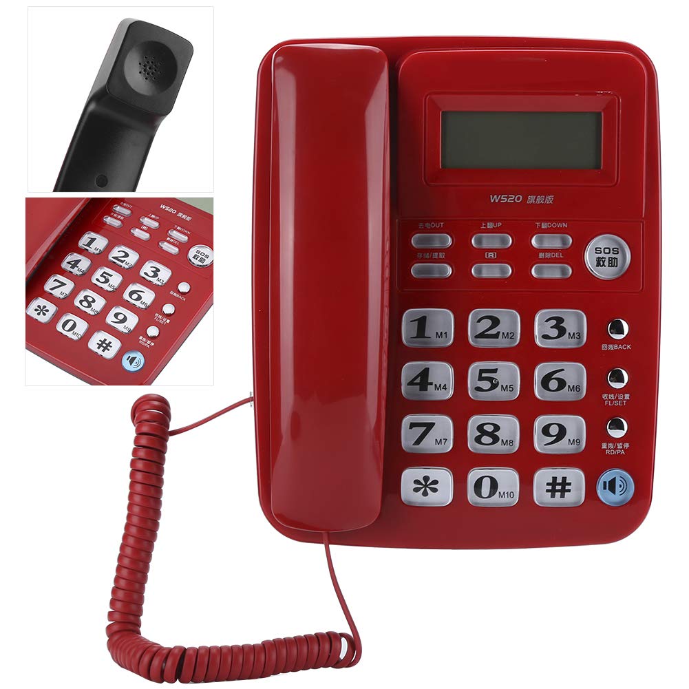 Telefono Fisso con Filo, Telefono Fisso Vivavoce da Tavolo, Telefono cablato, Display LCD, Supporta l'identificazione del chiamante, Sveglia per Ufficio/casa/Lavoro/Camera degli Ospiti (Rosso)