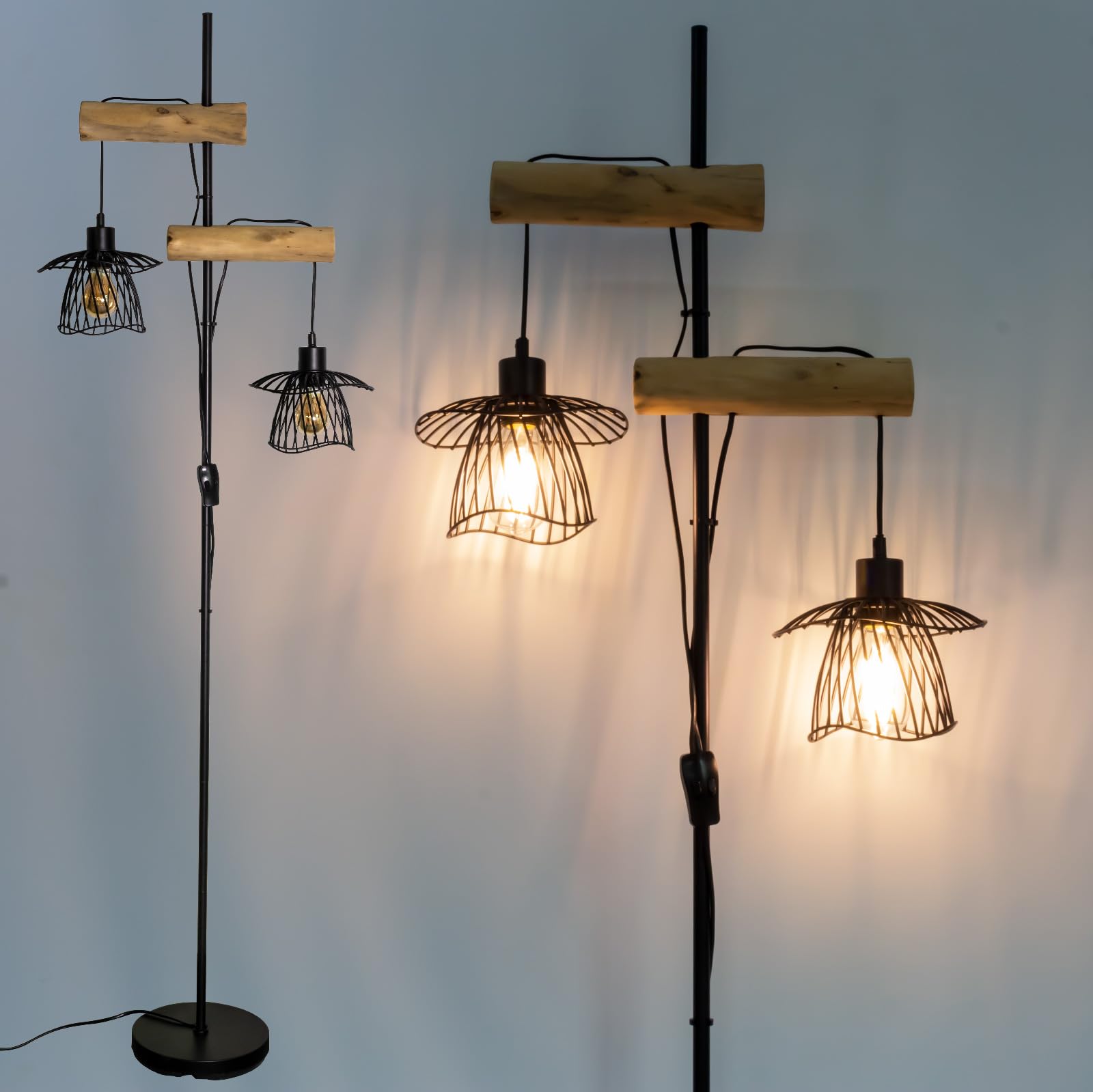 Industrielle Stehlampe, 2 Schwarz Metall-Lampenschirmen | Naturholz Vintage Standleuchte, Unabhängige Schalter, Ohne Leuchtmittel, Wohnzimmer
