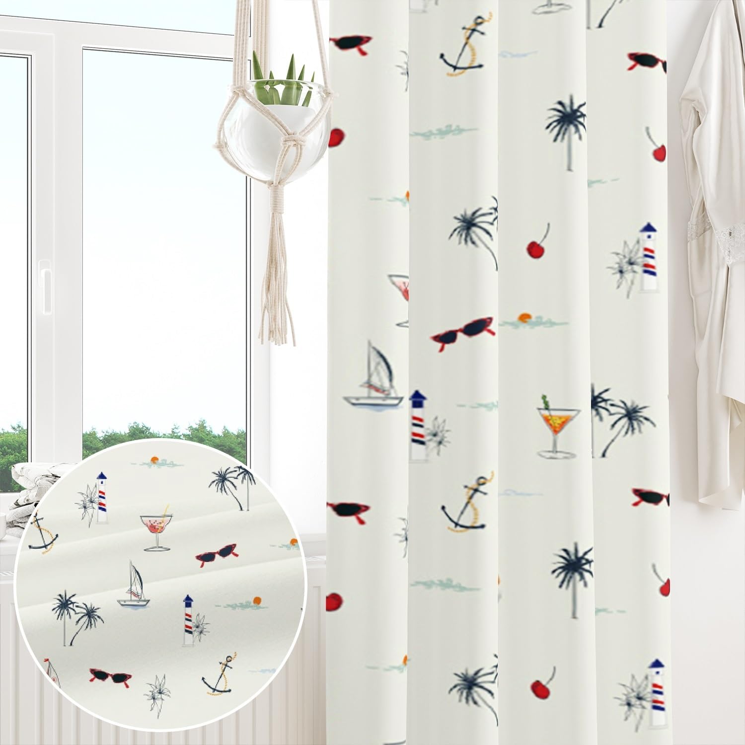 ggaimwf 42"x 63" Cartoon Eyelet Curtain Nautical Lighthouse Anchor Boats Tropical Marine Theme Summer Thermal Grommet Room Dividers Blackout Window Drapes for Baby Bedroom Living Room,2 Panels - Image 4