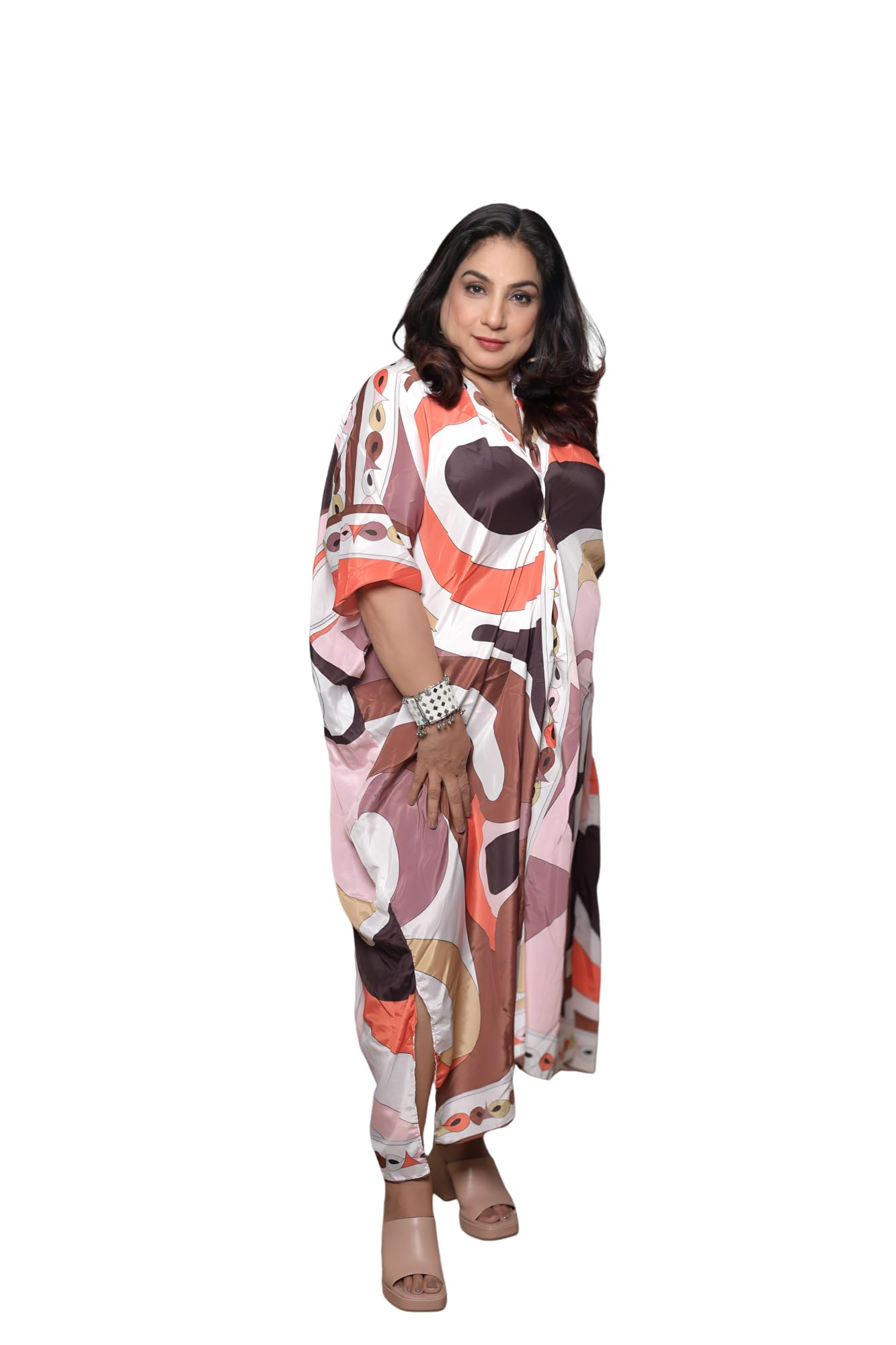 Women Crepe Long Kaftan Free Size | Brown Printed Nightwear Dress303-image-4