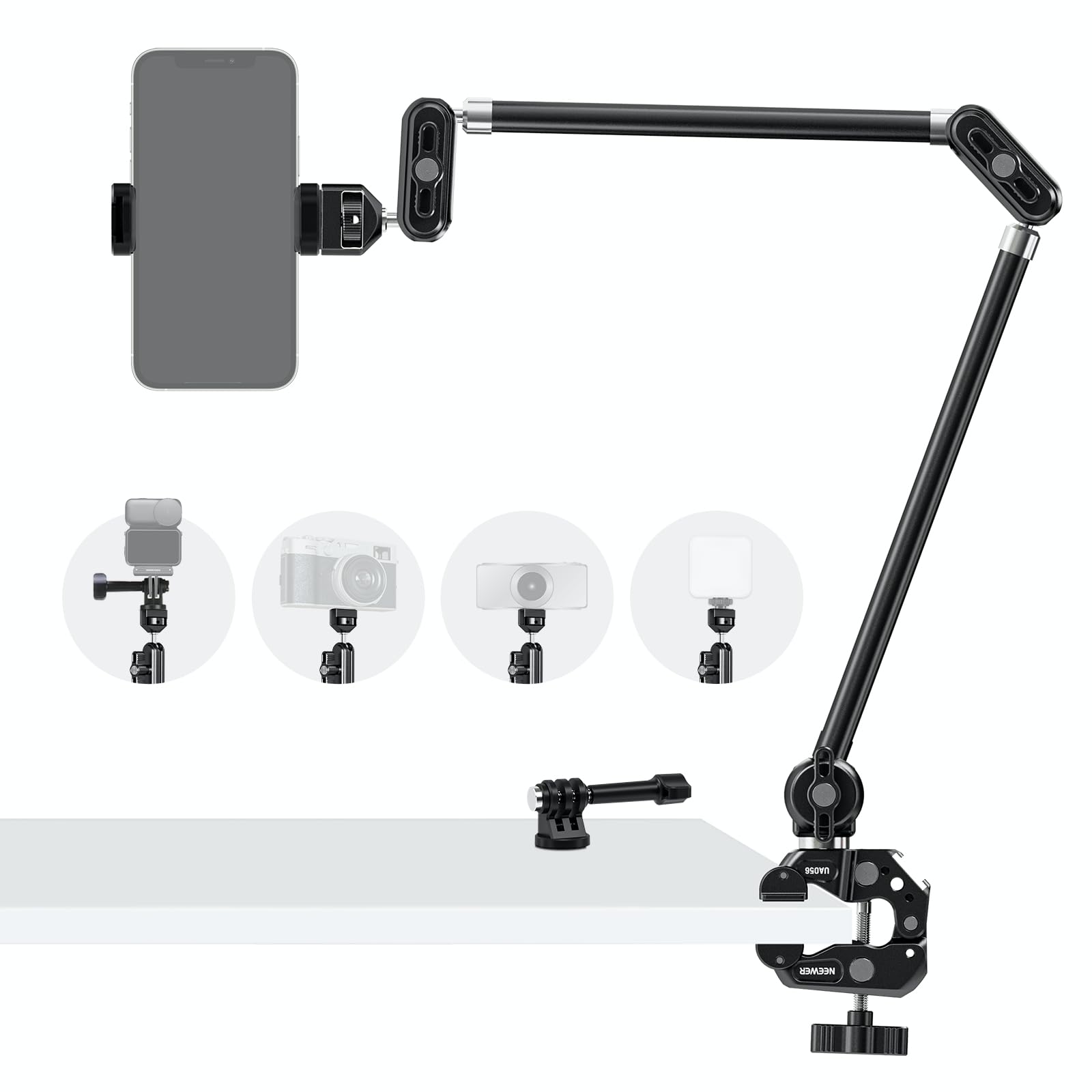 NEEWER 30" Articulating Magic Arm with Desk Super Clamp/Action Cam Mount/Phone Holder, Overhead Camera Mic Boom Stand, Compatible with GoPro iPhone DSLR Webcam Microphone Video Recording, UA056