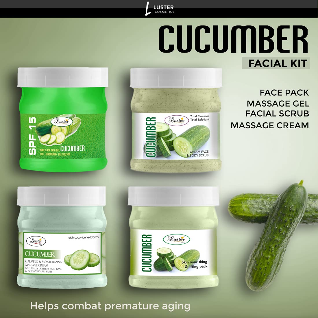 Luster Cucumber Facial Kit | Helps Hydrate & Moisturize Skin | Scrub | Cream | Gel | Face Pack | Cucumber Facial Kit | Paraben Free - 500ml (Pack of 4)