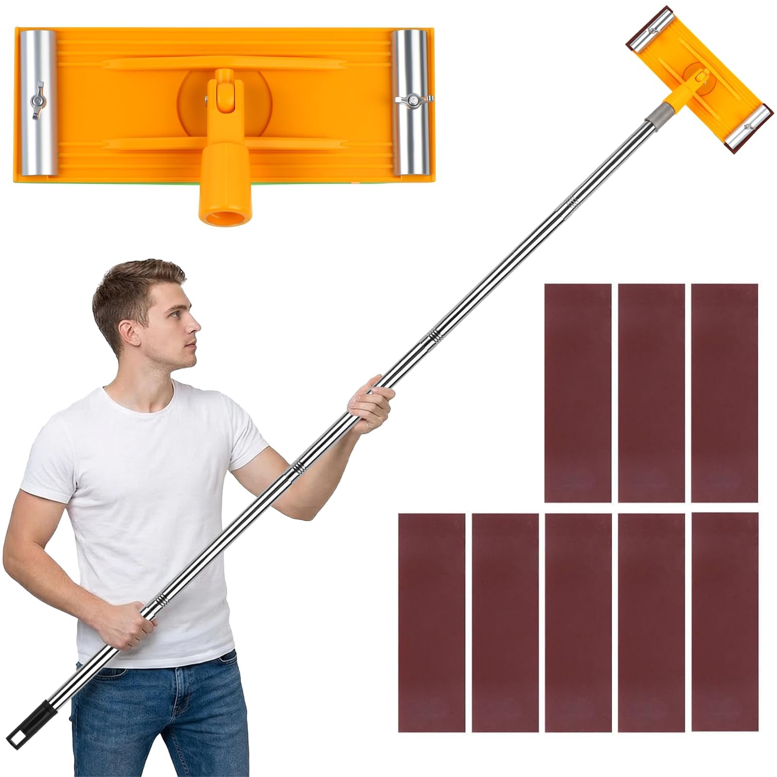 Heavy Duty Pole Sander with Swivel Head, 74.8" Extension Pole & 8 Sandpapers | 360-Degree Sanding for Floors, Walls, Ceilings | No Ladder Needed | Universal Fit | Complete Kit